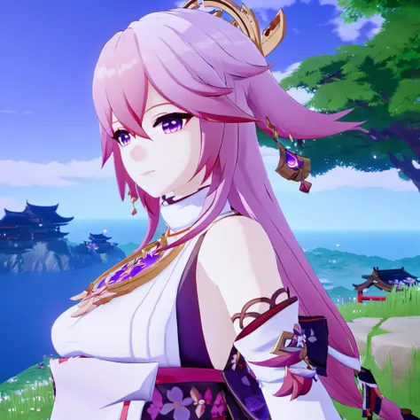 portrait,looking at viewer,genshin-yae-miko,white background,  1girl, solo, long hair, pink hair, purple eyes, detached sleeves<lora:yae-miko_SDXL09-000008:1>