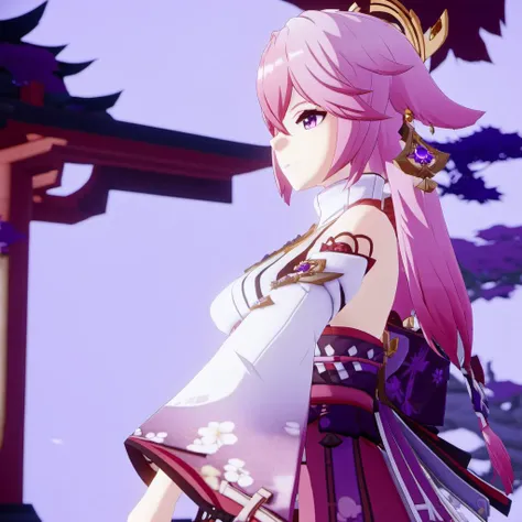 genshin-yae-miko,white background, 1girl, solo, long hair, pink hair, purple eyes, detached sleeves, looking at viewer <lora:yae-miko_SDXL09-000008:1>