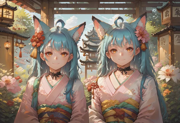 <lyco:locon-adamw8bit-r2:1> 2girls, ahoge, animal ear fluff, animal ears, aqua hair, architecture, bangs, black choker, blue hair, brown eyes, choker, closed mouth,  extra ears, floral print, flower, fox ears, hair flower, hair ornament, japanese clothes, kimono, lantern, light smile, long hair, looking at viewer, multiple girls, obi, outdoors, pink kimono, ribbon choker, sash, siblings, sisters, smile, upper body, white kimono, yellow eyes, yukata
BREAK source_anime, score_9, score_8_up, score_7_up, score_6_up, score_5_up, score_4_up, very aesthetic, absurd res, (expert shading, flat colors), eye focus, (traditional media:0.6), official art,