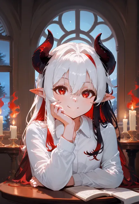 girl, horns, candle, solo, red eyes, long hair, pointy ears, smile, looking at viewer, white hair, shirt, white shirt, long sleeves, red hair, indoors, closed mouth, multicolored hair, curled horns, night, head rest, window, bangs, hair between eyes, upper body, fire, collared shirt, two-tone hair, candlestand, very long hair, demon horns, blurry, table, sky, depth of field, <lyco:MIX-GEM-D1 adamw8bit-P1:0.8> BREAK (score_9,score_8_up,score_7_up),