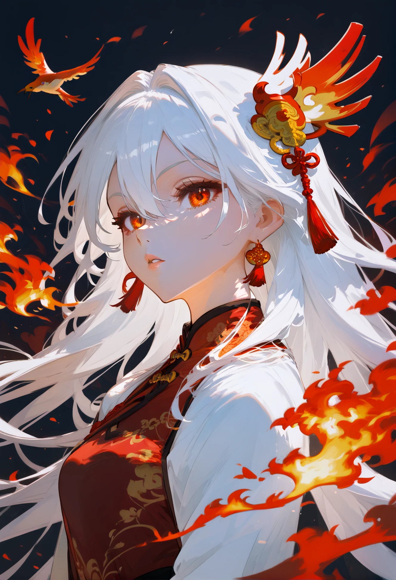 1girl, animal, bangs, bird, chinese clothes, earrings, fire, floating hair, from side, hair between eyes, hair ornament, hanfu, jewelry, lips, long hair, looking at viewer, looking to the side, orange eyes, parted lips, phoenix, red eyes, solo, tassel, tassel earrings, upper body, white hair <lyco:MIX-GEM-D1 adamw8bit-P1:0.8> BREAK (score_9,score_8_up,score_7_up),