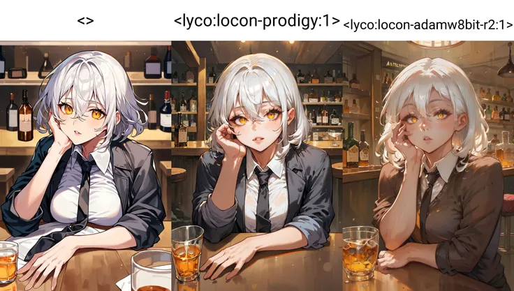 <> 1girl, alcohol, arm rest, arm support, bangs, bar \(place\), black jacket, black necktie, bottle, breasts, ceiling light, collared shirt, counter, cup, drinking glass, elbow rest, eyelashes, glass, hair between eyes, hand on own cheek, hand on own face, hand up, head rest, indoors, jacket, lips, looking at viewer, medium hair, necktie, pants, parted lips, shelf, shirt, sitting, sleeves rolled up, solo, stool, table, teeth, upper body, whiskey, white hair, white shirt, wing collar, yellow eyes
BREAK source_anime, score_9, score_8_up, score_7_up, score_6_up, score_5_up, score_4_up, very aesthetic, absurd res, (expert shading, flat colors), eye focus, (traditional media:0.6), official art,