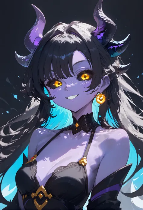 1girl, solo, horns, colored sclera, looking at viewer, long hair, multicolored hair, smile, multiple horns, yellow eyes, colored skin, colored inner hair, black sclera, purple skin, black background, black hair, upper body, grey hair, bare shoulders, collarbone, bangs <lyco:MIX-GEM-D1 adamw8bit-P1:0.8> BREAK (score_9,score_8_up,score_7_up),