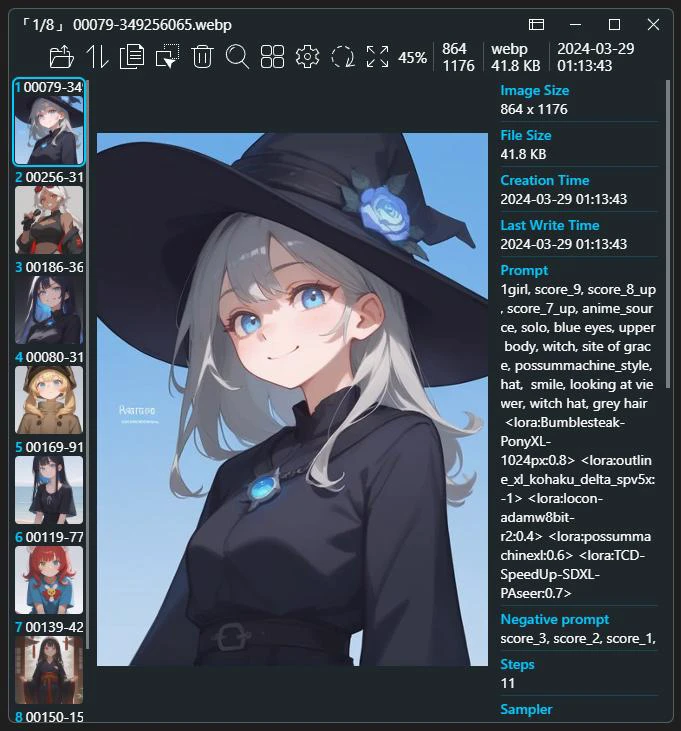 1girl, score_9, score_8_up, score_7_up, anime_source, solo, blue eyes, upper body, witch, site of grace, possummachine_style, hat, smile, looking at viewer, witch hat, grey hair
<lora:Bumblesteak-PonyXL-1024px:0.8> <lora:outline_xl_kohaku_delta_spv5x:-1> <lora:locon-adamw8bit-r2:0.4> <lora:possummachinexl:0.6> <lora:TCD-SpeedUp-SDXL-PAseer:0.7>
