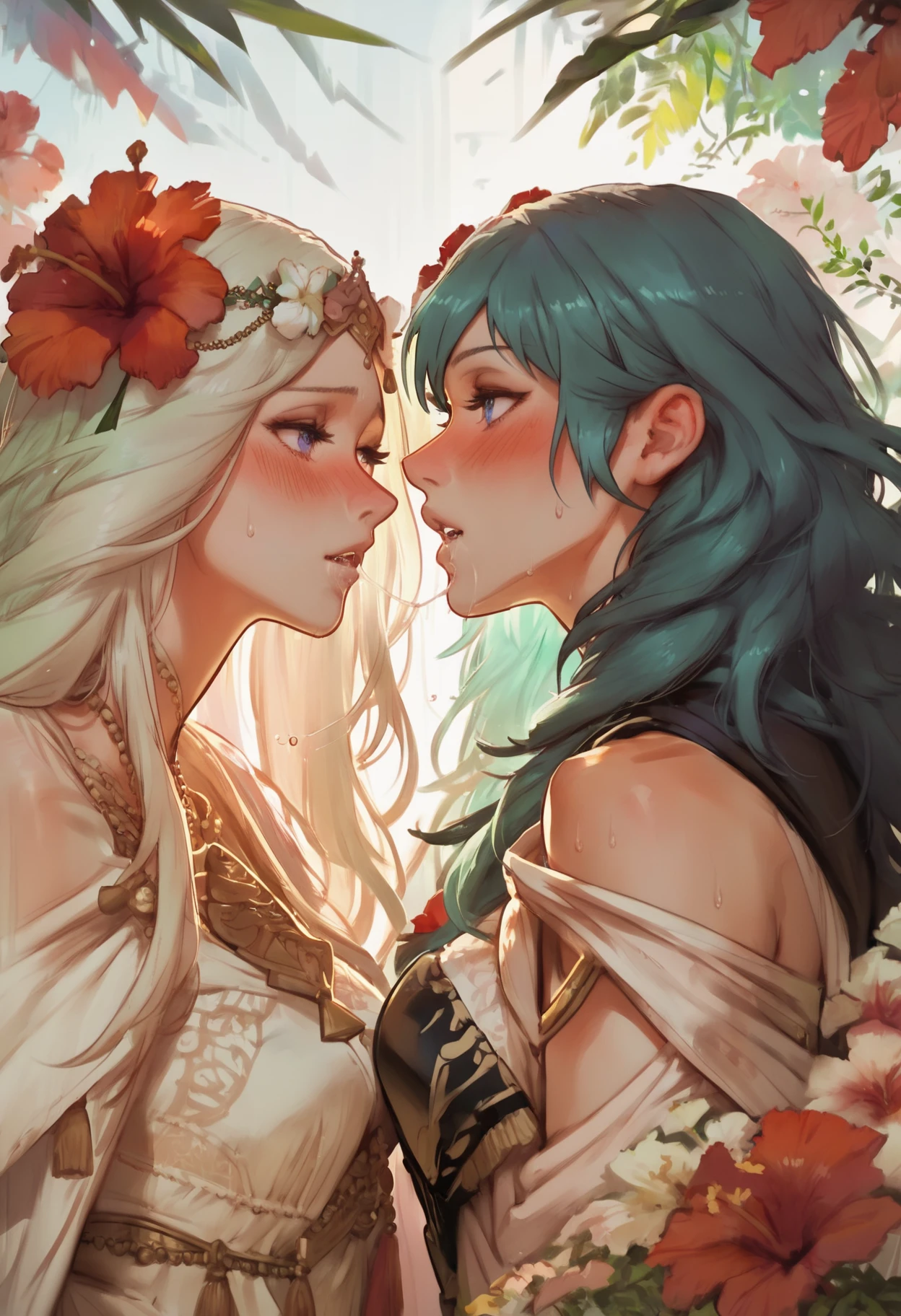 2girls, byleth \(fire emblem\), rhea \(fire emblem\), after kiss, blush, eye contact, face-to-face, flower, from side, hair flower, hair ornament, hand under clothes, hibiscus, long hair, looking at another, multiple girls, parted lips, saliva, saliva trail, sweat, upper body, yuri
BREAK best quality, score_9, score_8_up, score_7_up, score_6_up, score_5_up, score_4_up, <lyco:MIX-GEM-D1 adamw8bit-P1:1>