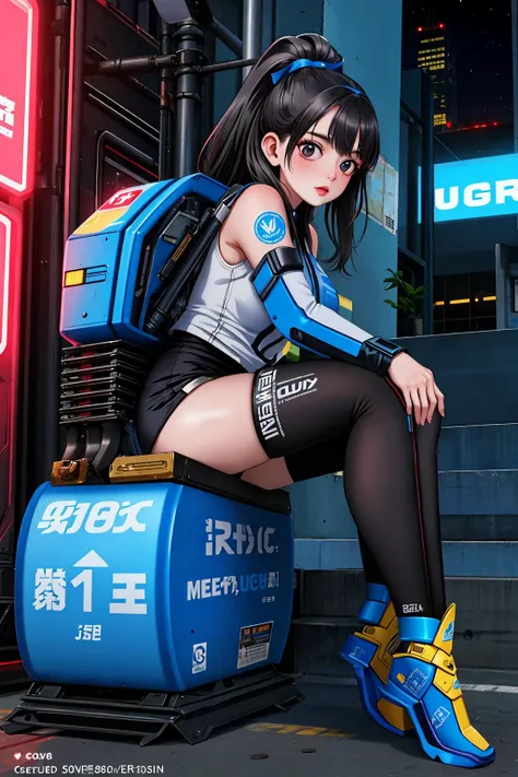 jillmorph:0.8, cyberpunk, mecha legs, intricate detail, metallic colors, neon yellow, night, jet black hair