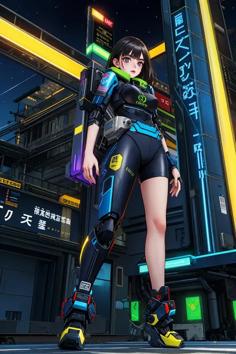 jillmorph:0.8, cyberpunk, mecha legs, intricate detail, metallic colors, neon yellow, night, jet black hair