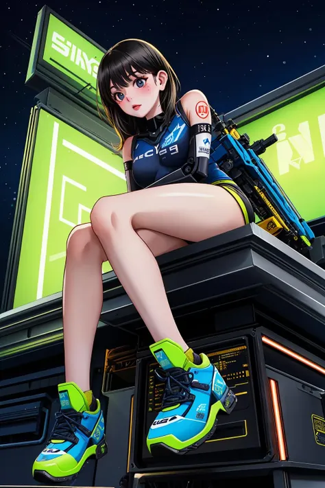 jillmorph:0.8, cyberpunk, mecha legs, intricate detail, metallic colors, neon yellow, night, jet black hair