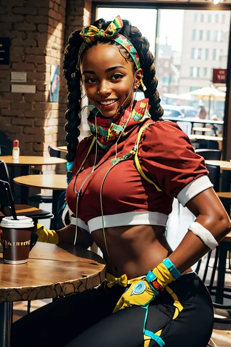 kimberlyms, dark skin, short hair, braided hair, bow hairband, earphones, gloves, crop top, midriff, hip vent, pants, looking at viewer, smiling, happy, mouth open, 
sitting behind a table, inside a comfy cafe, drinking hot chocolate, extreme detail, hdr, beautiful quality,  <lora:Kimberly:.9>