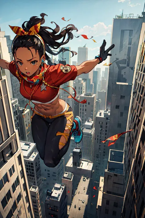 <lora:KimberlyMS:.75>, kimberlyms, gloves, pants, crop top, earphones, midriff, short hair, bow hairband, hip vent, leaning forward, abs, from above, jumping, foreshortening, sky, tall building, metropolis, skid row