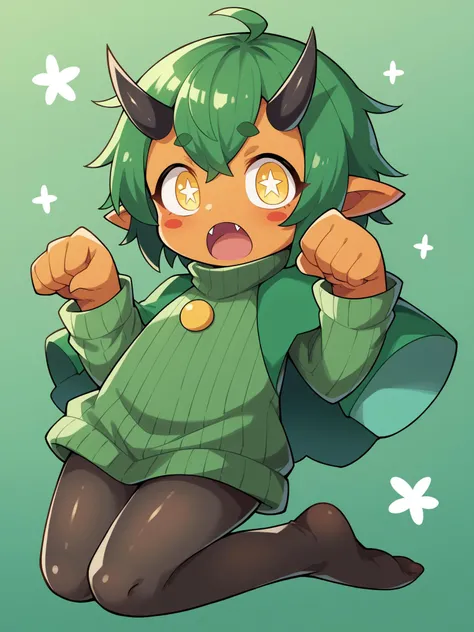 score_9, score_8_up, score_7_up, score_6_up, score_5_up, score_4_up, BREAK, source_cartoon, source_anime,
1girl, solo, (teal, green poncho, green dress, black pantyhose, ribbed tights, no shoes)
((sweater-dress)), (((pantyhose))), ((no-shoes)), ((messy-hair)), <lora:OgerXL-15:0.75> ogerpon, fangs, personification, green hair, messy hair, short hair, ahoge, black horns, blush stickers, yellow eyes, colored skin, orange skin, pointed ears, oni, girl, flat chest
paw pose, open mouth, jaws