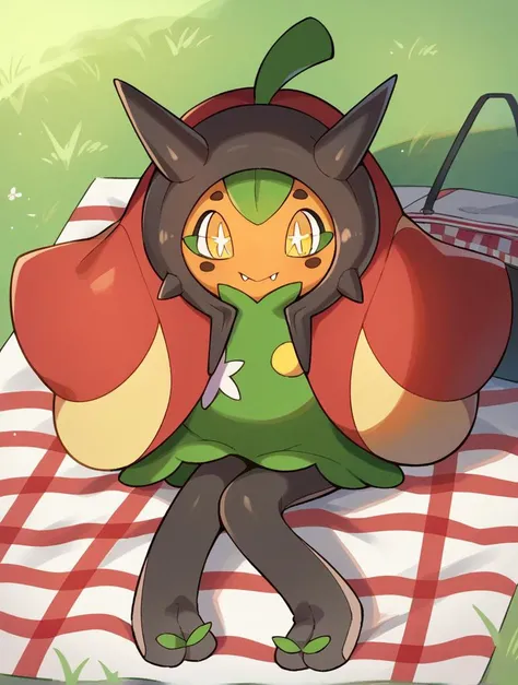 score_9, score_8_up, score_7_up, score_6_up, score_5_up, score_4_up, source_anime, BREAK
1girl, solo, <lora:OgerXL-15:0.9> ogerpon, hearth, red poncho pokemon (creature), no humans, +_+, two toes, no arms, sitting on a picnic blanket, relaxed