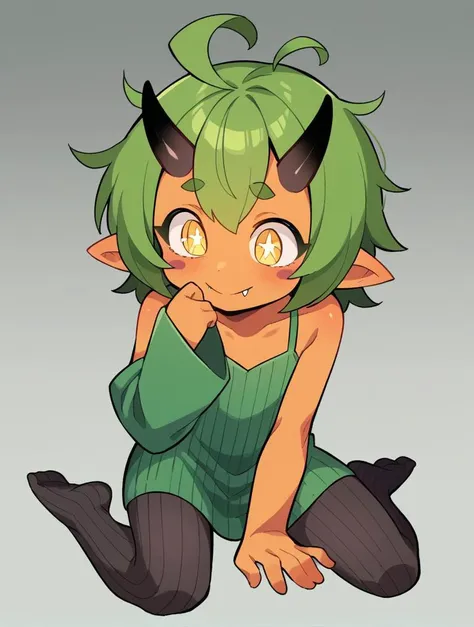 score_9, score_8_up, score_7_up, score_6_up, score_5_up, score_4_up, source_anime, BREAK
1girl, solo, (teal, green poncho, green dress, black pantyhose, ribbed tights, no shoes), no shoes, playing with a pet, affectionate,<lora:OgerXL-15:0.75> ogerpon, fangs, personification, green hair, messy hair, short hair, ahoge, black horns, blush stickers, yellow eyes, colored skin, orange skin, pointed ears, oni, girl, flat chest