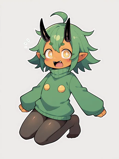 score_9, score_8_up, score_7_up, score_6_up, score_5_up, score_4_up, BREAK, source_cartoon, source_anime,
1girl, solo, (teal, green poncho, green dress, black pantyhose, ribbed tights, no shoes)
((sweater-dress)), (((pantyhose))), ((no-shoes)), ((messy-hair)), <lora:OgerXL-15:0.75> ogerpon, fangs, personification, green hair, messy hair, short hair, ahoge, black horns, blush stickers, yellow eyes, colored skin, orange skin, pointed ears, oni, girl, flat chest
paw pose, open mouth, jaws