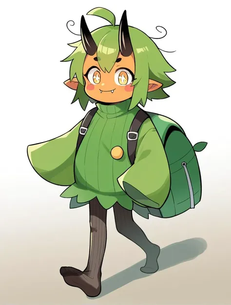 score_9, score_8_up, score_7_up, score_6_up, score_5_up, score_4_up, source_anime, BREAK
1girl, solo, (teal, green poncho, green dress, black pantyhose, ribbed tights, no shoes), no shoes, walking with a backpack, carefree,<lora:OgerXL-15:0.75> ogerpon, fangs, personification, green hair, messy hair, short hair, ahoge, black horns, blush stickers, yellow eyes, colored skin, orange skin, pointed ears, oni, girl, flat chest
