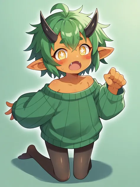 score_9, score_8_up, score_7_up, score_6_up, score_5_up, score_4_up, BREAK, source_cartoon, source_anime,
1girl, solo, (teal, green poncho, green dress, black pantyhose, ribbed tights, no shoes)
((sweater-dress)), (((pantyhose))), ((no-shoes)), ((messy-hair)), <lora:OgerXL-15:0.75> ogerpon, fangs, personification, green hair, messy hair, short hair, ahoge, black horns, blush stickers, yellow eyes, colored skin, orange skin, pointed ears, oni, girl, flat chest
paw pose, open mouth, jaws