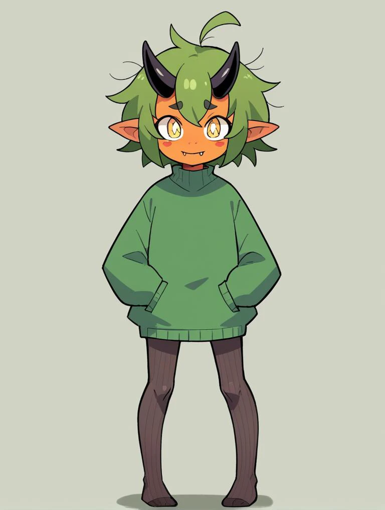 score_9, score_8_up, score_7_up, score_6_up, score_5_up, score_4_up, source_anime, BREAK
1girl, solo, (teal, green poncho, green dress, black pantyhose, ribbed tights, no shoes), no shoes, standing with hands in pockets, ((sweater-dress)), (((pantyhose))), ((no-shoes)), ((messy-hair)), <lora:OgerXL-15:0.75> ogerpon, fangs, personification, green hair, messy hair, short hair, ahoge, black horns, blush stickers, yellow eyes, colored skin, orange skin, pointed ears, oni, girl, flat chest