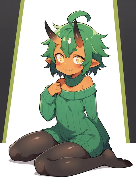 score_9, score_8_up, score_7_up, score_6_up, score_5_up, score_4_up, BREAK, source_cartoon, source_anime,
1girl, solo, (teal, green poncho, green dress, black pantyhose, ribbed tights, no shoes)
((sweater-dress)), (((pantyhose))), ((no-shoes)), ((messy-hair)), <lora:OgerXL-15:0.75> ogerpon, fangs, personification, green hair, messy hair, short hair, ahoge, black horns, blush stickers, yellow eyes, colored skin, orange skin, pointed ears, oni,  girl, flat chest