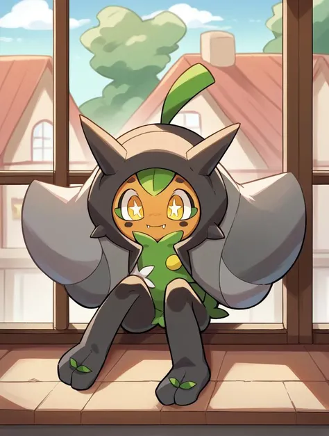 score_9, score_8_up, score_7_up, score_6_up, score_5_up, score_4_up, source_anime, BREAK
1girl, solo, <lora:OgerXL-15:0.9> ogerpon, corner, grey poncho pokemon (creature), no humans, +_+, two toes, no arms, sitting on a window sill, daydreaming