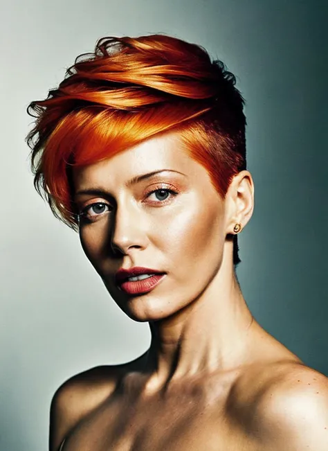 analog style, modelshoot style, portrait of sks woman by Flora Borsi, style by Flora Borsi, bold, bright colours, orange Mohawk haircut, ((Flora Borsi)), <lora:locon_katarzyna_v1_from_v1_64_32:1.3>