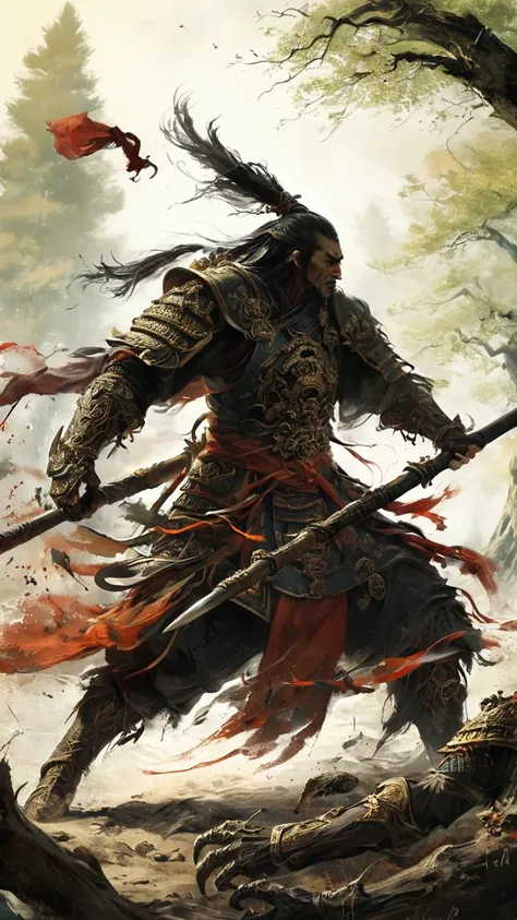 AiARTiST,Ancient general,Battle ,death monster,Forest scenes