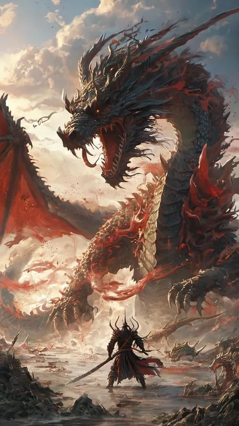 AiARTiST,Ancient general,Battle ,bloody sky,bloody river,death monster,dragon