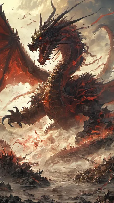 AiARTiST,Ancient general,Battle ,bloody sky,bloody river,death monster,dragon