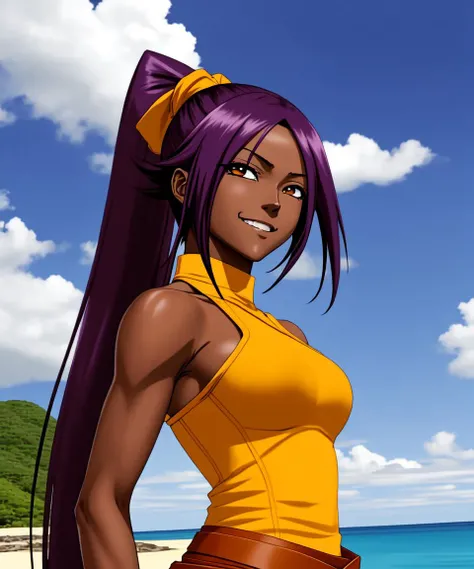 Naked, without clothes, yoruichishihouin, yoruichi shihouin, long hair, (yellow eyes:1.5), ponytail, purple hair, dark skin, dark-skinned female,
BREAK looking at viewer, (cowboy shot:1.5),
BREAK (masterpiece:1.2), best quality, high resolution, unity 8k wallpaper, (illustration:0.8), (beautiful detailed eyes:1.6), extremely detailed face, perfect lighting, extremely detailed CG, (perfect hands, perfect anatomy), day, beach, sun, nsfw, naked