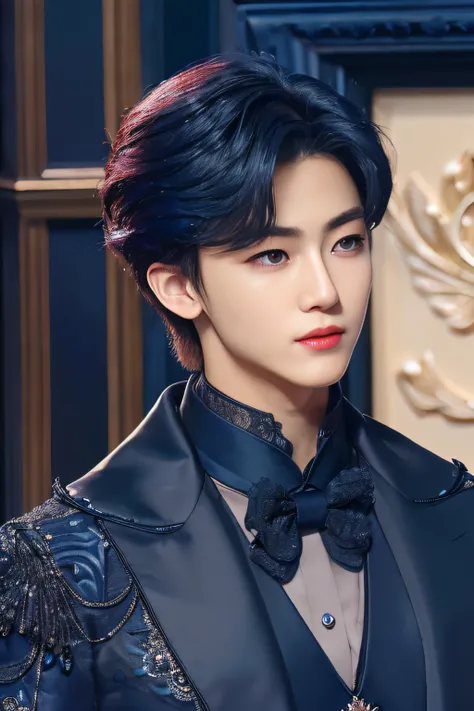 jaemin, front facing, twink, parted lips, (dark navy hair:1.2), dark navy prince regal outfit, (ultra realistic:1.2), (close up:1.2), (gothic european castle background:1.2), (intricate:1.2), (looking at viewer:1.2), male focus, 1male, solo, <lora:jaeminv1_ghotilafish:1>