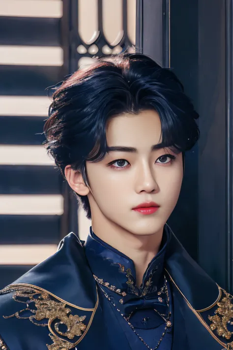 jaemin, front facing, twink, parted lips, (dark navy hair:1.2), dark navy prince regal outfit, (ultra realistic:1.2), (close up:1.2), (gothic european castle background:1.2), (intricate:1.2), (looking at viewer:1.2), male focus, 1male, <lora:jaeminv1_ghotilafish:1>