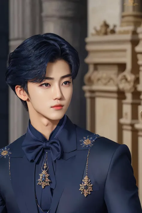 jaemin, front facing, twink, parted lips, (dark navy hair:1.2), dark navy prince regal outfit, (ultra realistic:1.2), (close up:1.2), (gothic european castle background:1.2), (intricate:1.2), (looking at viewer:1.2), male focus, 1male, <lora:jaeminv1_ghotilafish:1>