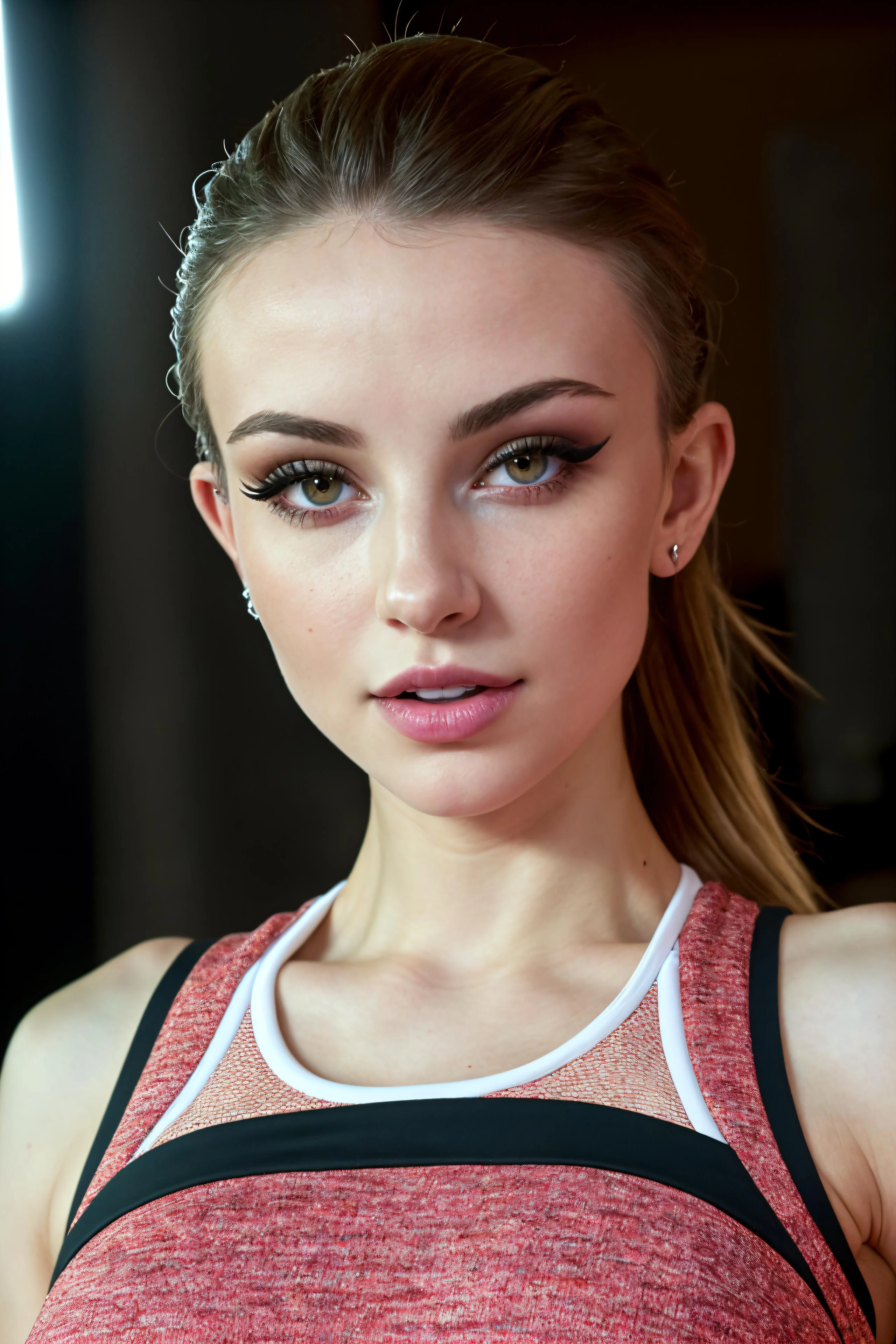 High detail RAW color Photo of skin_pores, 8k high definition, highest quality, skin texture, masterpiece, best quality, 8k, perfect lighting, cinematic lighting, HDR, beauty, ultra-detailed,
<lora:dainty_wilder:1.3> (dainty_wilder:1.3), young woman, slim face, eyelashes, full model, full body, (sportswear:1.3)