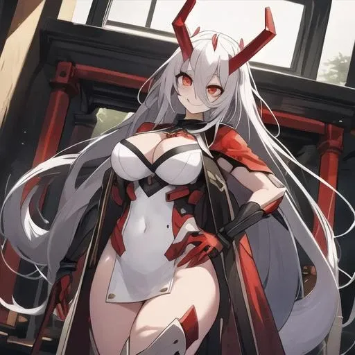 , masterpiece, Highest Quality, Highest Resolution, perfect background, perfect perspective, sharp image, perfect details, perfect lighting, perfect shadows, Perfect lighting, Best background, AG Shura, 1girl, solo, long hair, breasts, red eyes, white hair, mask, red horns, cleavage, white dress, mechanical arms, standing, smiling, thighs, hands on hips, blush,