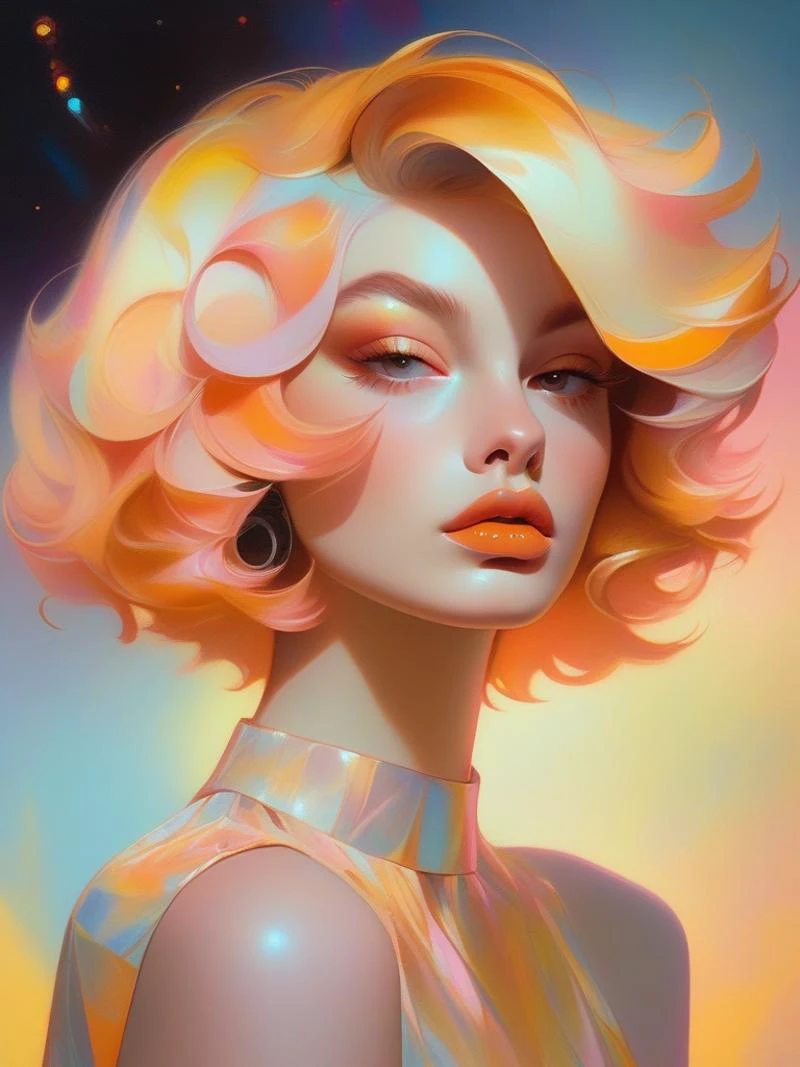 (1girl),,,lips,barrette,custard,copper gradient background,psychedelic hair,short hair,soft,contemporary,Dusan Djukaric,(masterpiece,best quality,niji style)