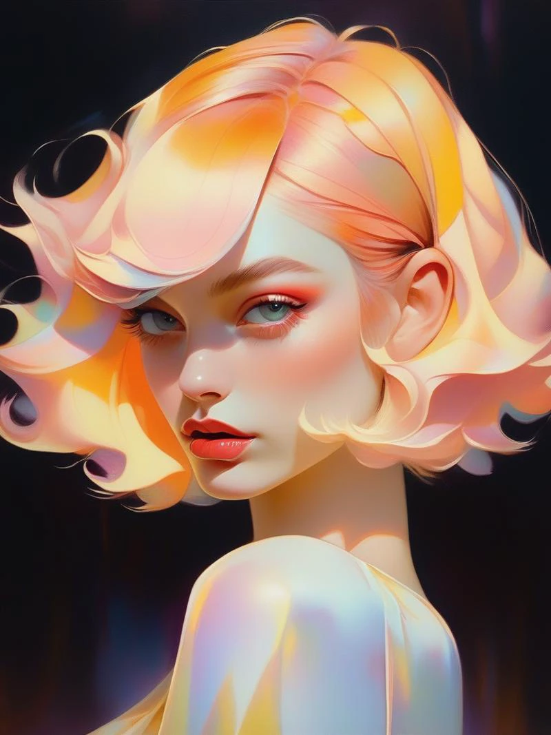 (1girl),,,lips,barrette,custard,copper gradient background,psychedelic hair,short hair,soft,contemporary,Dusan Djukaric,(masterpiece,best quality,niji style)
