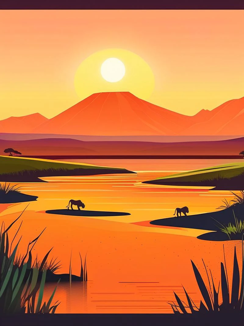 detailed landscape, orange theme, savannah, flat landscape, accacias, lion silhouette, backlit, sunset, grass, shaded, two mountains far away, sun between mountains, small water source , vector style, flat, masterpiece, best quality, very aesthetic, absurdres,