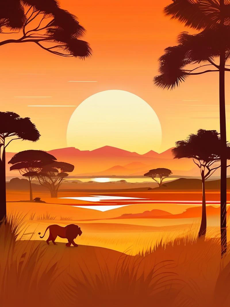 detailed landscape, orange theme, savannah, flat landscape, accacias, lion silhouette, backlit, sunset, grass, shaded, two mountains far away, sun between mountains, small water source , vector style, flat, masterpiece, best quality, very aesthetic, absurdres, 