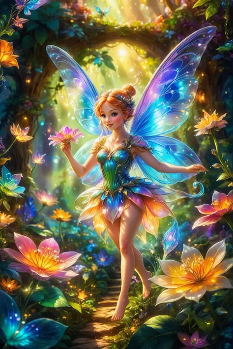 A fantastical and surreal scene featuring a tiny fairy, as small as a flower, flying and weaving through a lush flower bed. The fairy leaves a trail of magical light in its wake, adding to the enchanting atmosphere. The background is softly blurred, emphasizing the fairy and the vibrant, colorful flowers. The rich hues and whimsical nature of the scene create a dreamlike, otherworldly ambiance, making it appear as though it's straight out of a fairy tale.
tiny fairy, as small as a flower, flying, weaving, lush flower bed, magical light trail, vibrant, surreal, dreamy, fantastical, rich colors, enchanting, otherworldly, hyper-realistic, blurred background, whimsical, ethereal, fairy tale-like, detailed, captivating, vivid, nature-inspired, magical, luminous, sparkling.
<lora:add-detail-xl:1.0>,
<lora:EnvyBetterHiresFixXL01:1.0>,
<lora:extremely_detailed:1.0>, extremely detailed,
<lora:EldritchMixIllustration_1.1:0.25>,
<lora:EnvyCrystalTechXL01c :0.75> crystaltech, scifi,
<lora:SDXLFaeTastic2400:0.6>,