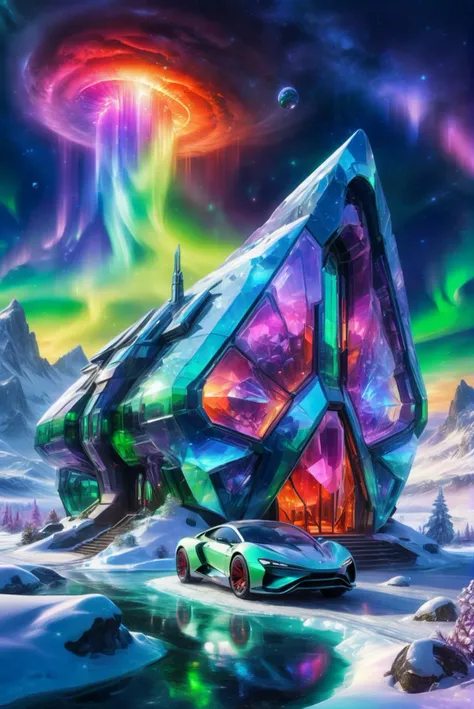 A hyper-realistic and surreal sci-fi fantasy scene set in a snowy, icy landscape. At the center, a high-tech crystal house glows with vibrant, iridescent colors, standing out against the stark white surroundings. Surrounding the house are futuristic transportation vehicles with sleek, advanced designs. The sky above is illuminated by stunning red, purple, and green auroras, adding a magical and otherworldly ambiance to the scene. The details are intricate, capturing the textures of the crystal house, the futuristic vehicles, and the shimmering snow, making the scene feel alive and futuristic.
hyper-realistic, surreal, sci-fi fantasy, high-tech crystal house, snowy landscape, vibrant colors, iridescent, futuristic transportation vehicles, sleek design, advanced technology, stunning auroras, red aurora, purple aurora, green aurora, magical ambiance, otherworldly, intricate details, textures, shimmering snow, alive, futuristic, captivating, colorful, detailed, enchanting, sci-fi, magical realism.
<lora:add-detail-xl:1.0>,
<lora:EnvyBetterHiresFixXL01:1.0>,
<lora:extremely_detailed:1.0>, extremely detailed,
<lora:EldritchMixIllustration_1.1:0.25>,
<lora:EnvyCrystalTechXL01c :0.75> crystaltech, scifi,
<lora:SDXLFaeTastic2400:0.6>,