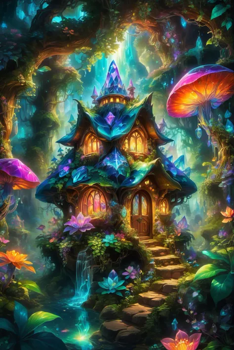 In a hyper-realistic and surreal dreamlike fantasy scene, a magical crystal cottage stands in the heart of an enchanting forest. The cottage glows with vibrant, iridescent colors, reflecting the surrounding vivid and unusual flora. The area is filled with bioluminescent plants, fantastical flowers, and mystical vines that add to the magical atmosphere. The sky above is painted with rich, colorful hues, creating a serene and otherworldly ambiance. The details are intricate, capturing the textures of the crystal cottage, the lush foliage, and the vibrant colors that make the scene feel alive and fantastical.
hyper-realistic, surreal, dreamlike, fantasy, magical crystal cottage, enchanting forest, vibrant colors, iridescent, vivid flora, bioluminescent plants, fantastical flowers, mystical vines, magical atmosphere, rich hues, serene, otherworldly, intricate details, textures, lush foliage, vibrant colors, alive, fantastical, enchanting, dreamy, magical realism, detailed, captivating, colorful.
<lora:add-detail-xl:1.0>,
<lora:EnvyBetterHiresFixXL01:1.0>,
<lora:extremely_detailed:1.0>, extremely detailed,
<lora:EldritchMixIllustration_1.1:0.25>,
<lora:EnvyCrystalTechXL01c :0.8> crystaltech, scifi, 
<lora:SDXLFaeTastic2400:0.8>,