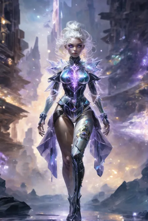 photograph, scifi, crystalline technology, amethyst digital painting, epic <lora:EnvyCrystalTechXL01:1> (full body:1.2), 1girl, woman, confident, solo, [:formal costume design,:0.2], space druid, bombshell hair, white hair, spiked hair, thick thighs, narrow waist, (asian:1.3), ghostly fantasy city beyond the beginning of reality