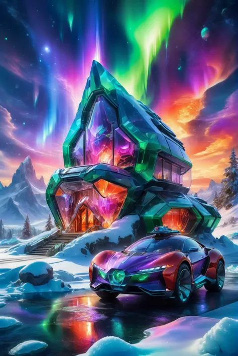 A hyper-realistic and surreal sci-fi fantasy scene set in a snowy, icy landscape. At the center, a high-tech crystal house glows with vibrant, iridescent colors, standing out against the stark white surroundings. Surrounding the house are futuristic transportation vehicles with sleek, advanced designs. The sky above is illuminated by stunning red, purple, and green auroras, adding a magical and otherworldly ambiance to the scene. The details are intricate, capturing the textures of the crystal house, the futuristic vehicles, and the shimmering snow, making the scene feel alive and futuristic.
hyper-realistic, surreal, sci-fi fantasy, high-tech crystal house, snowy landscape, vibrant colors, iridescent, futuristic transportation vehicles, sleek design, advanced technology, stunning auroras, red aurora, purple aurora, green aurora, magical ambiance, otherworldly, intricate details, textures, shimmering snow, alive, futuristic, captivating, colorful, detailed, enchanting, sci-fi, magical realism.
<lora:add-detail-xl:1.0>,
<lora:EnvyBetterHiresFixXL01:1.0>,
<lora:extremely_detailed:1.0>, extremely detailed,
<lora:EldritchMixIllustration_1.1:0.25>,
<lora:EnvyCrystalTechXL01c :0.75> crystaltech, scifi,
<lora:SDXLFaeTastic2400:0.6>,