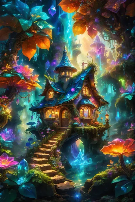 In a hyper-realistic and surreal dreamlike fantasy scene, a magical crystal cottage stands in the heart of an enchanting forest. The cottage glows with vibrant, iridescent colors, reflecting the surrounding vivid and unusual flora. The area is filled with bioluminescent plants, fantastical flowers, and mystical vines that add to the magical atmosphere. The sky above is painted with rich, colorful hues, creating a serene and otherworldly ambiance. The details are intricate, capturing the textures of the crystal cottage, the lush foliage, and the vibrant colors that make the scene feel alive and fantastical.
hyper-realistic, surreal, dreamlike, fantasy, magical crystal cottage, enchanting forest, vibrant colors, iridescent, vivid flora, bioluminescent plants, fantastical flowers, mystical vines, magical atmosphere, rich hues, serene, otherworldly, intricate details, textures, lush foliage, vibrant colors, alive, fantastical, enchanting, dreamy, magical realism, detailed, captivating, colorful.
<lora:add-detail-xl:1.0>,
<lora:EnvyBetterHiresFixXL01:1.0>,
<lora:extremely_detailed:1.0>, extremely detailed,
<lora:EldritchMixIllustration_1.1:0.25>,
<lora:EnvyCrystalTechXL01c :0.8> crystaltech, scifi, 
<lora:SDXLFaeTastic2400:0.8>,
<lora:glowneon_xl_v1:0.6> glowneon, glowing, sparks,