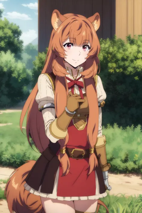 raphtalia <lora:Raphtalia:0.9> , long brown hair, beautiful face, light smile, reddish eyes, tail, (masterpiece:1.2), best quality, absurdres, extremely detailed wallpaper, perfect lighting,