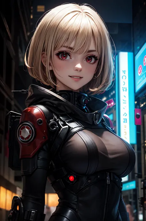 <lora:LycorisRecoil_chisato:0.7> chisato, red eyes, blonde hair,
detailed mechanical legs, detailed mechanical body, cyberpunk city, (cyborg body:1), perfect face, extreme detailed eyes, upper body, smile, school uniform,
dystopian, glowing neon lights, sfw, city at (night:1.3), cyberpunk city street, cyberpunk, night, neon lights, award winning, concept art, key visual, vibrant, global illumination, epic composition, epic proportion, Award winning, official art, depth of field, volumetric lighting, reflection, highest detailed, finest detail, ultra detailed, intricate, epic proportion, epic composition, luminous trails,
masterpiece, best quality, DSLR, F/2. 8, Lens Flare, 5D, 16k, Super-Resolution, highly detailed, HD, HDR, HD, UHD, professional work,