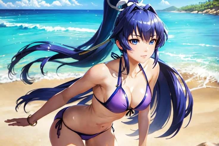 (masterpiece:1.5),(Beat quality),(high res),1girl solo,beautiful face,smile(shining eyes),upper body,light effects,Swimsuit Keqing,Ocean