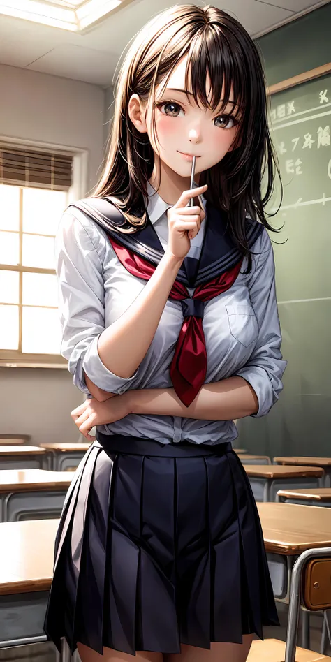 (8k, live shooting, of the highest quality, Masterpiece: 1.2), High definition RAW color photography, professional photography, cinematic light, ((1 female, teacher, adult sex appeal)), super Beautiful face, (light brown hair, wavy fur), wearing a strict business suit, (use pantimedies)、(short layered hair)、 (Sexy tight skirt), girl with shirt, he was wearing a suit, he was wearing a suit, he was wearing a suit, Merchant, business clothes, wearing a black suit, Wear shirt and skirt, he was wearing a suit女性, ((black office dress, White shirt, black tight skirt, 40 denier tights:1.5)), Natural makeup, long eyelashes, shiny hair, asymmetrical bangs, Beautiful face, beautiful and fine eyes, beautiful clavicle, beautiful body, Beautiful breasts, Beautiful thighs, (((beautiful fingers, 5 fingers on the hand:1.5))), looking ahead, In front of the blackboard, have a book, seductive thighs, mirandome, central image, high resolution, high detail, detailed hairstyle, detailed face, epic movie lighting,