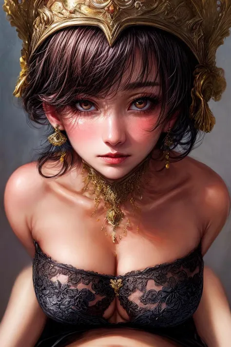 breasts, open mouth, short hair, black hair, big breasts, big breasts, big breasts, jewelry, realism, 