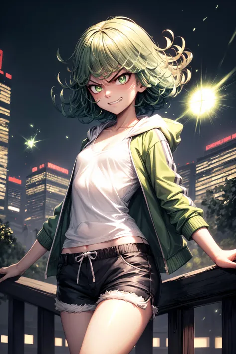 masterpiece, best quality, 1girl, tatsumaki, one-punch man, green eyes, flat chest, petite, dramatic lighting, angry, evil grin, bright pupils, green light particles, green energy, green aura, floating in air, cityscape, hoodie, shorts, streetwear, looking at viewer