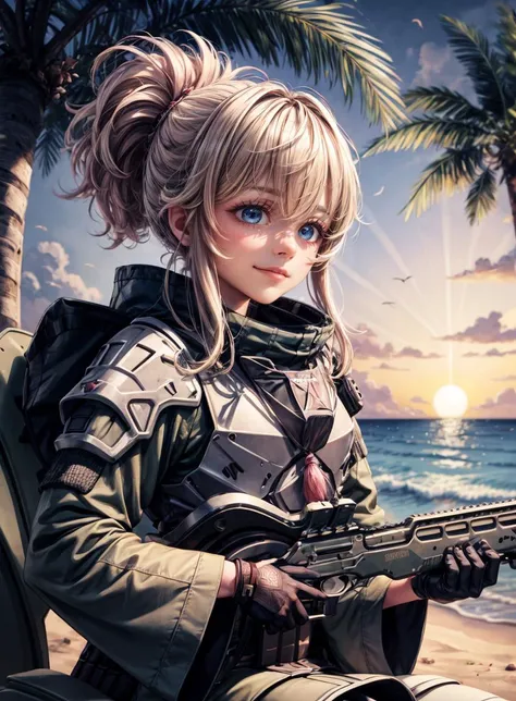 masterpiece, best quality, ultra-detailed, illustration,(1girl),beautiful detailed eyes, solo, beautiful scenery, upper body, beautiful scenery, fantastic scenery,
<lora:pinne-nikke-richy-v1:1> pinne \(nikke\), tactical clothes, military, armor, jacket, shotgun shell, black gloves, long sleeves, shoulder pads, holding rifle with both hands, hunting, furrowed brow, smirk, aiming rifle, forest, 
smirk,
Silhouettes of palm trees against a vibrant orange and pink sunset sky, gentle waves rolling onto the shore, warm golden sand, seashells scattered along the beach, 
candid modelshoot style, (fcHeatPortrait:0.8), sitting, seiza,
<lora:GoodHands-vanilla:0.5>,